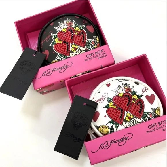 Ed Hardy 2pc Coin Purse Wristlet Set Heart Rhinestone Tattoo Black White NWT - Picture 1 of 6